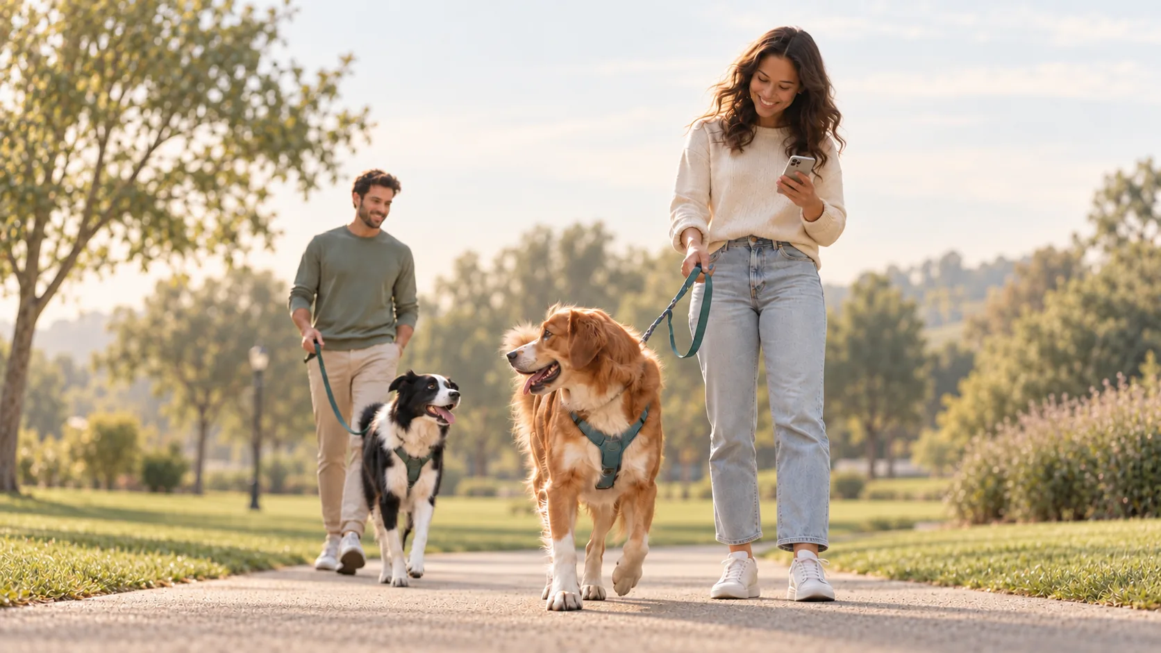Two people with their dogs in a park; she checks her phone while the dogs look at each other.
