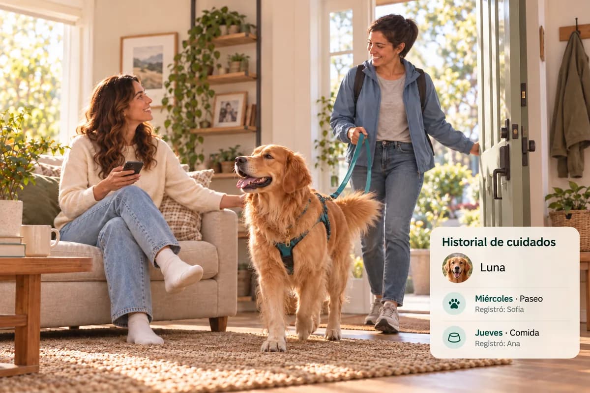 Two women share Luna’s care: one pets her in the living room with her phone while the other comes in from a walk with her on the leash