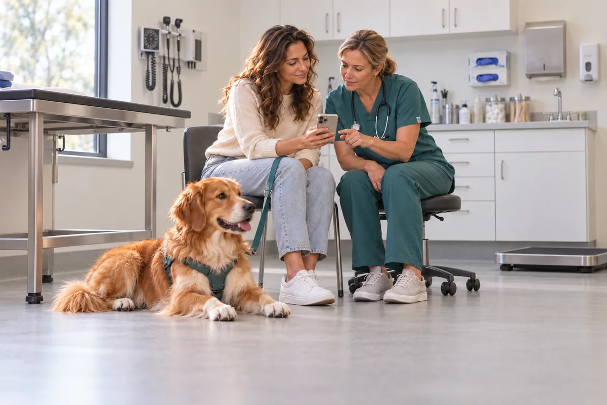 Luna’s owner shows a record to the veterinarian in an exam room with an examination table and clinical equipment