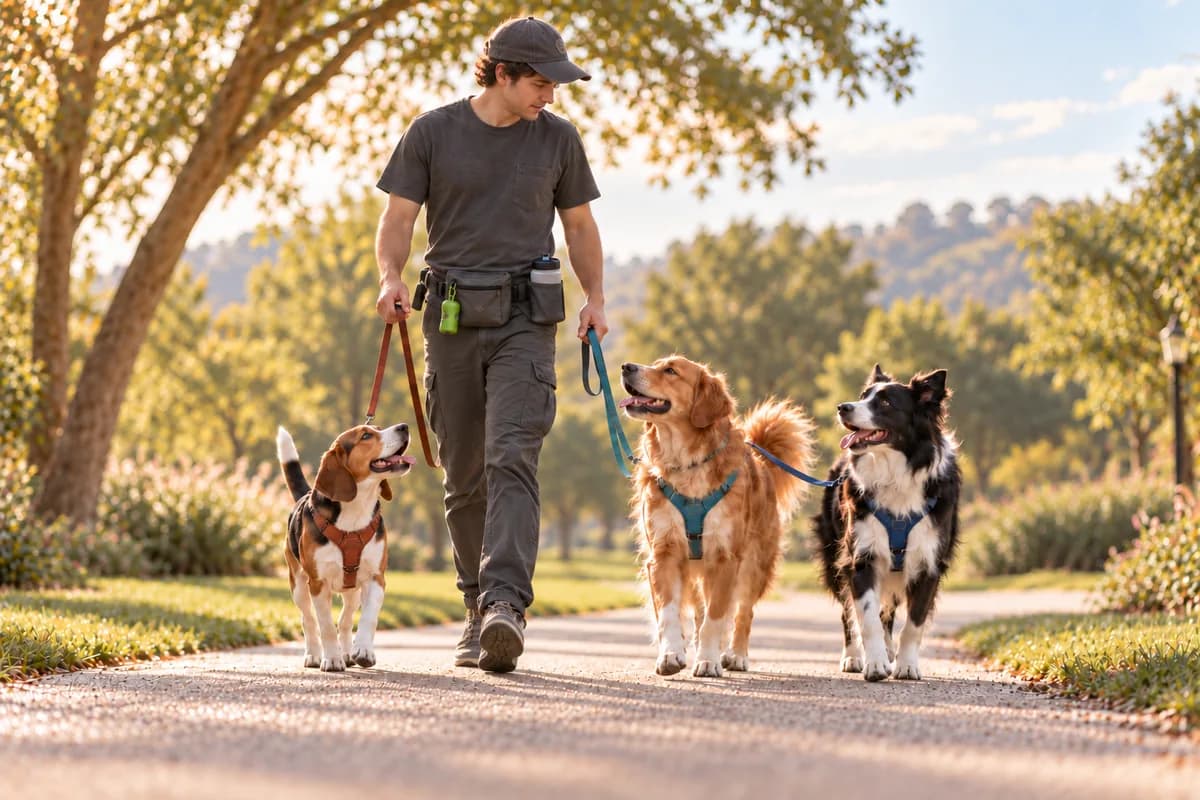 A young dog walker walks Luna, a beagle and a border collie, all on leashes